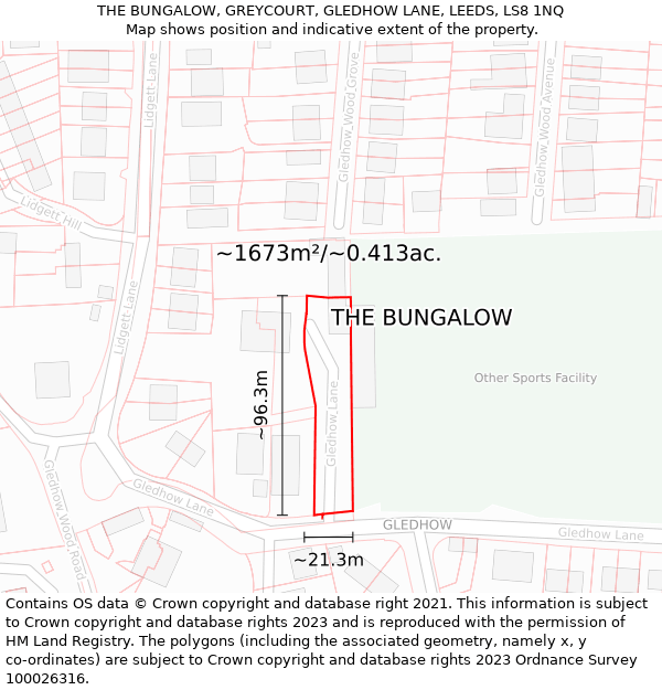 THE BUNGALOW, GREYCOURT, GLEDHOW LANE, LEEDS, LS8 1NQ: Plot and title map