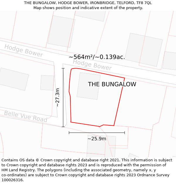 THE BUNGALOW, HODGE BOWER, IRONBRIDGE, TELFORD, TF8 7QL: Plot and title map