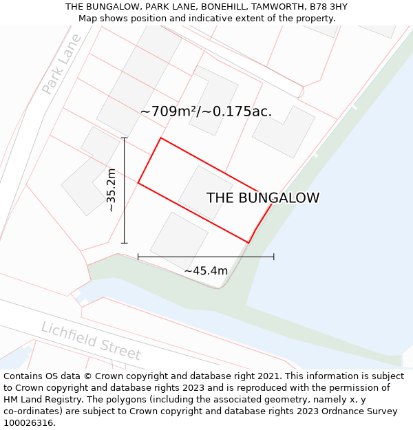 THE BUNGALOW, PARK LANE, BONEHILL, TAMWORTH, B78 3HY: Plot and title map