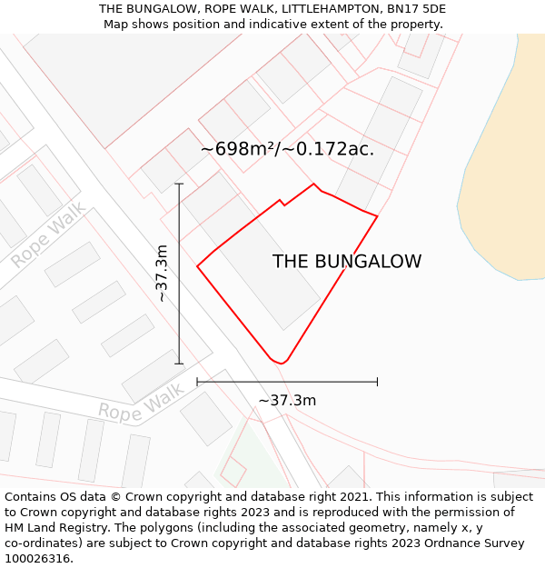 THE BUNGALOW, ROPE WALK, LITTLEHAMPTON, BN17 5DE: Plot and title map