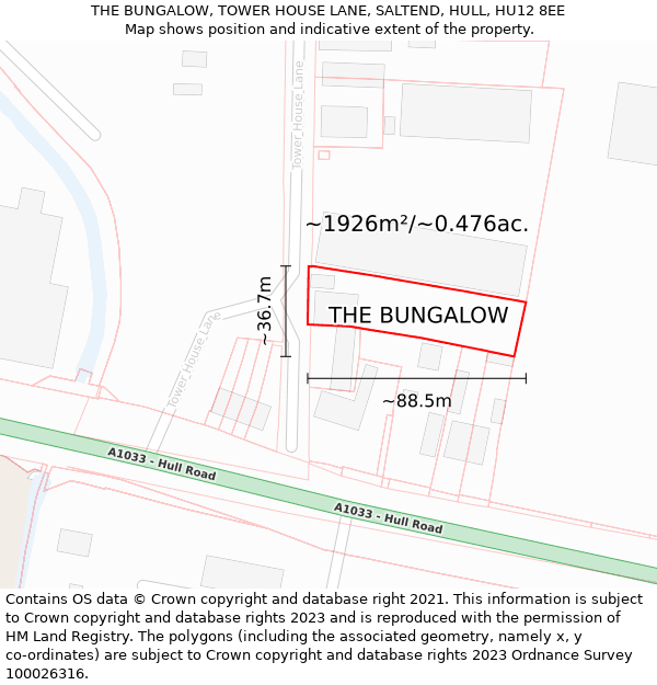 THE BUNGALOW, TOWER HOUSE LANE, SALTEND, HULL, HU12 8EE: Plot and title map