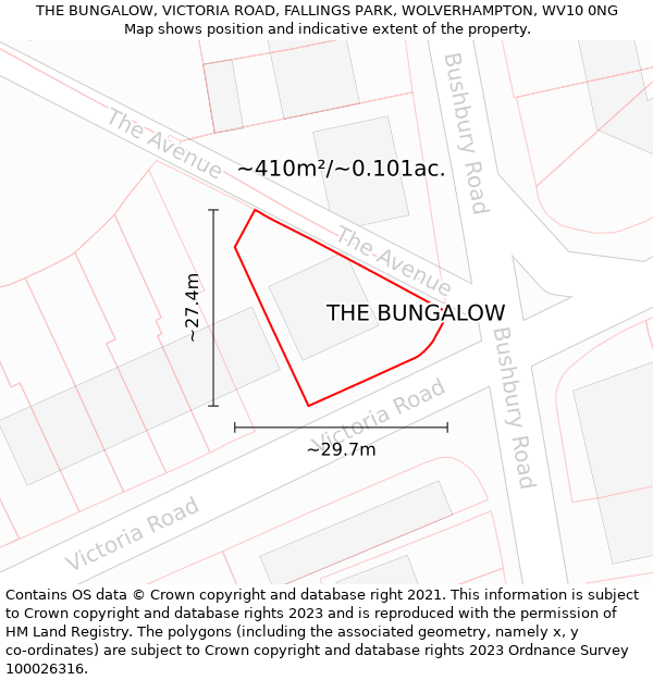 THE BUNGALOW, VICTORIA ROAD, FALLINGS PARK, WOLVERHAMPTON, WV10 0NG: Plot and title map