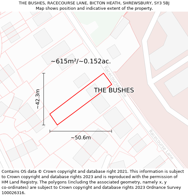 THE BUSHES, RACECOURSE LANE, BICTON HEATH, SHREWSBURY, SY3 5BJ: Plot and title map