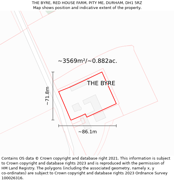 THE BYRE, RED HOUSE FARM, PITY ME, DURHAM, DH1 5RZ: Plot and title map
