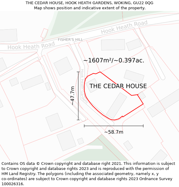 THE CEDAR HOUSE, HOOK HEATH GARDENS, WOKING, GU22 0QG: Plot and title map
