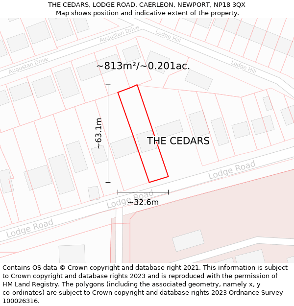 THE CEDARS, LODGE ROAD, CAERLEON, NEWPORT, NP18 3QX: Plot and title map