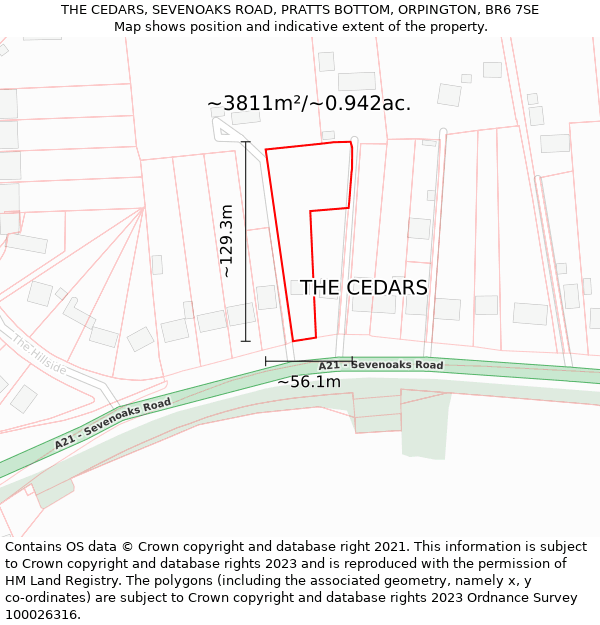 THE CEDARS, SEVENOAKS ROAD, PRATTS BOTTOM, ORPINGTON, BR6 7SE: Plot and title map