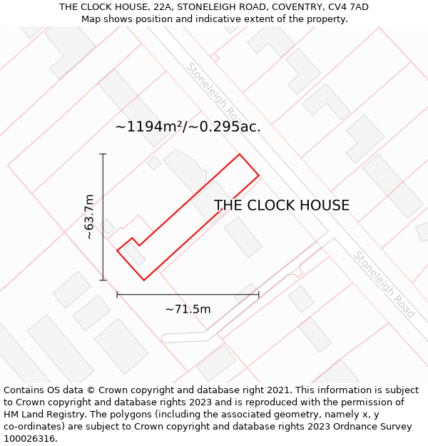 THE CLOCK HOUSE, 22A, STONELEIGH ROAD, COVENTRY, CV4 7AD: Plot and title map