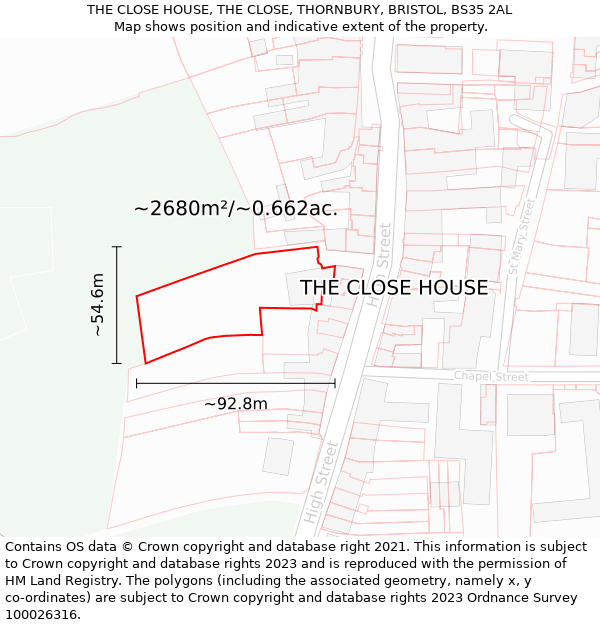 THE CLOSE HOUSE, THE CLOSE, THORNBURY, BRISTOL, BS35 2AL: Plot and title map