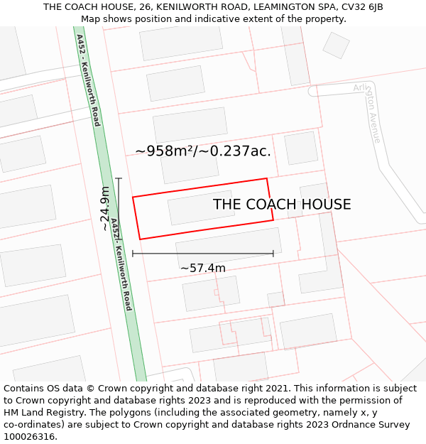 THE COACH HOUSE, 26, KENILWORTH ROAD, LEAMINGTON SPA, CV32 6JB: Plot and title map