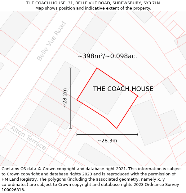 THE COACH HOUSE, 31, BELLE VUE ROAD, SHREWSBURY, SY3 7LN: Plot and title map