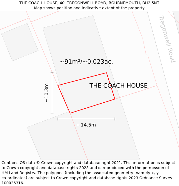 THE COACH HOUSE, 40, TREGONWELL ROAD, BOURNEMOUTH, BH2 5NT: Plot and title map
