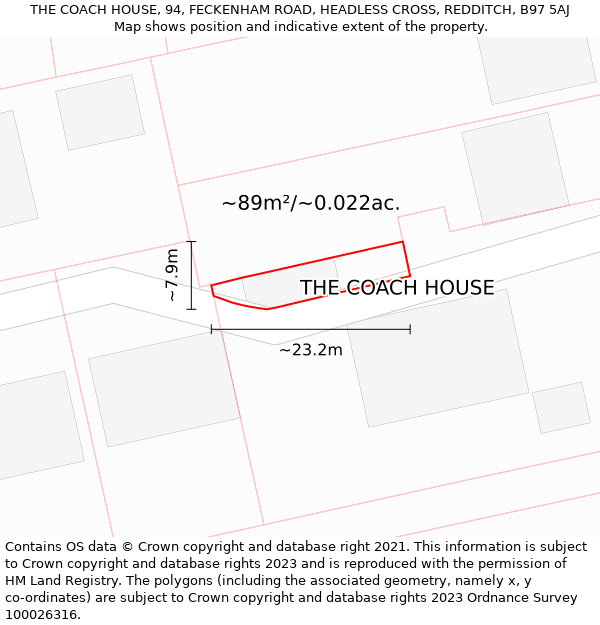 THE COACH HOUSE, 94, FECKENHAM ROAD, HEADLESS CROSS, REDDITCH, B97 5AJ: Plot and title map