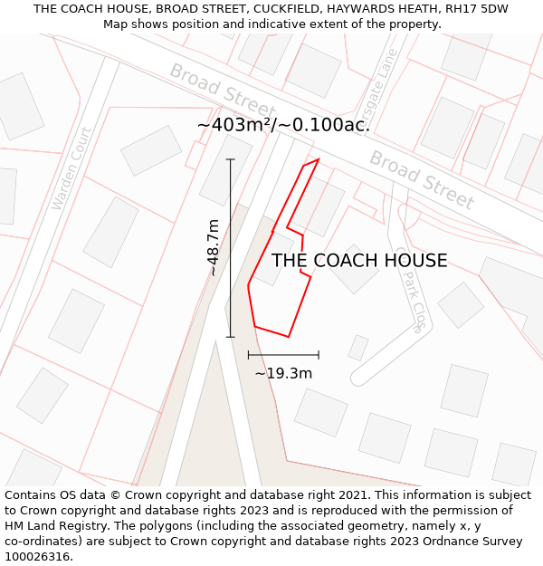 THE COACH HOUSE, BROAD STREET, CUCKFIELD, HAYWARDS HEATH, RH17 5DW: Plot and title map