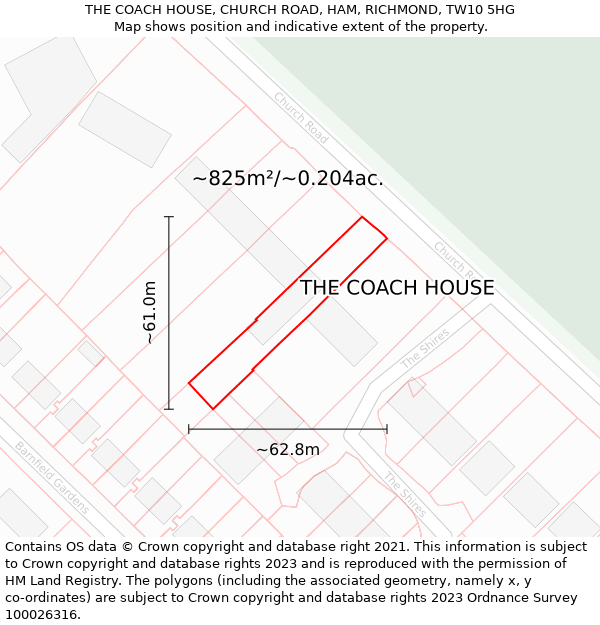 THE COACH HOUSE, CHURCH ROAD, HAM, RICHMOND, TW10 5HG: Plot and title map