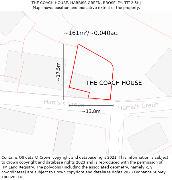 THE COACH HOUSE, HARRISS GREEN, BROSELEY, TF12 5HJ: Plot and title map