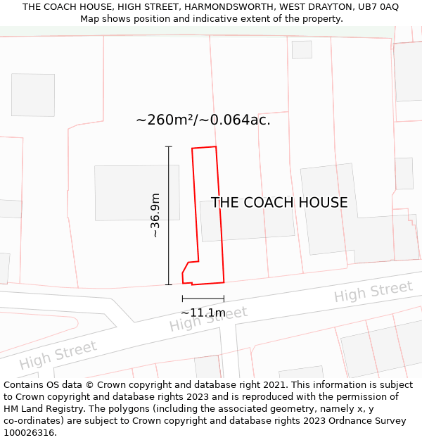 THE COACH HOUSE, HIGH STREET, HARMONDSWORTH, WEST DRAYTON, UB7 0AQ: Plot and title map