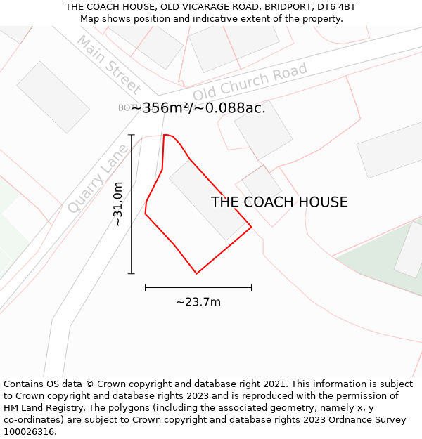 THE COACH HOUSE, OLD VICARAGE ROAD, BRIDPORT, DT6 4BT: Plot and title map