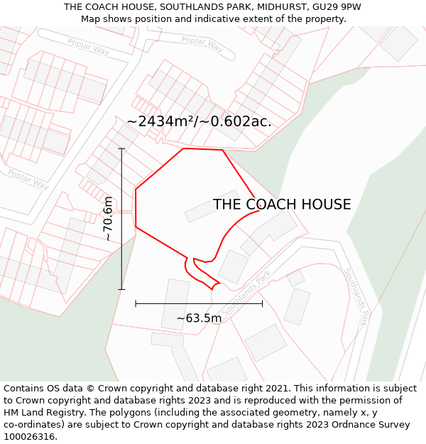 THE COACH HOUSE, SOUTHLANDS PARK, MIDHURST, GU29 9PW: Plot and title map