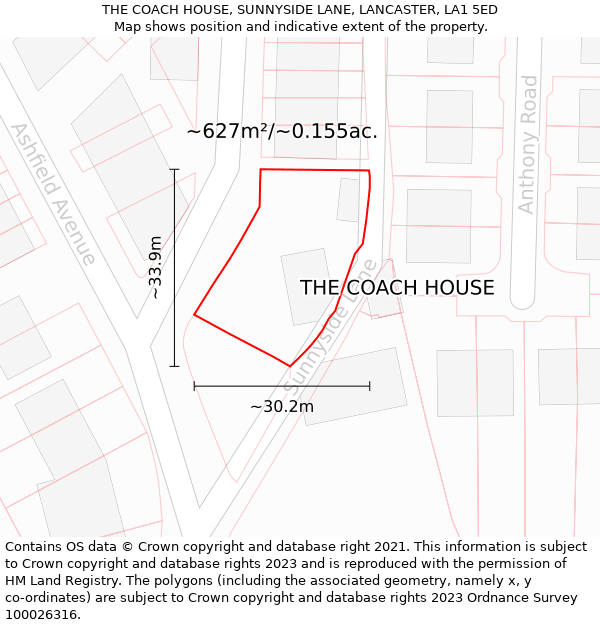 THE COACH HOUSE, SUNNYSIDE LANE, LANCASTER, LA1 5ED: Plot and title map