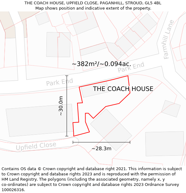 THE COACH HOUSE, UPFIELD CLOSE, PAGANHILL, STROUD, GL5 4BL: Plot and title map