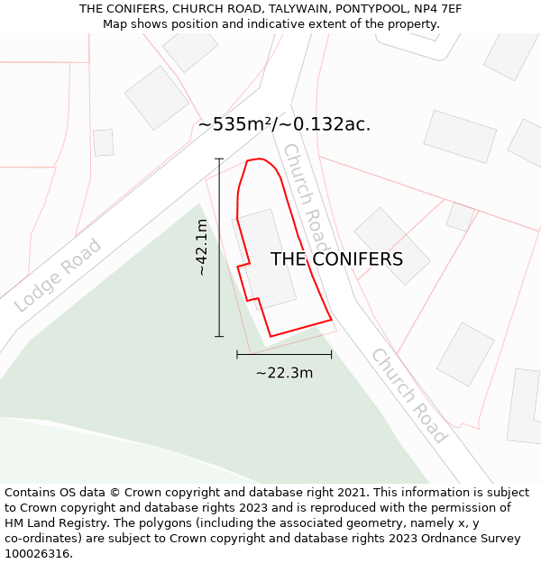 THE CONIFERS, CHURCH ROAD, TALYWAIN, PONTYPOOL, NP4 7EF: Plot and title map