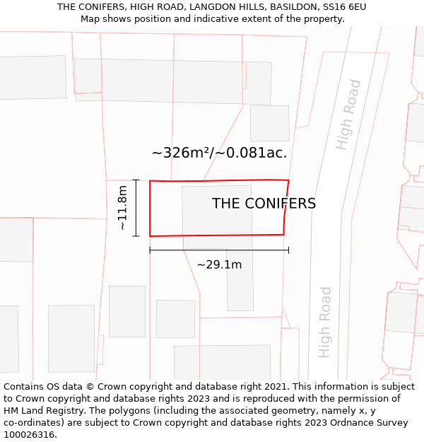 THE CONIFERS, HIGH ROAD, LANGDON HILLS, BASILDON, SS16 6EU: Plot and title map