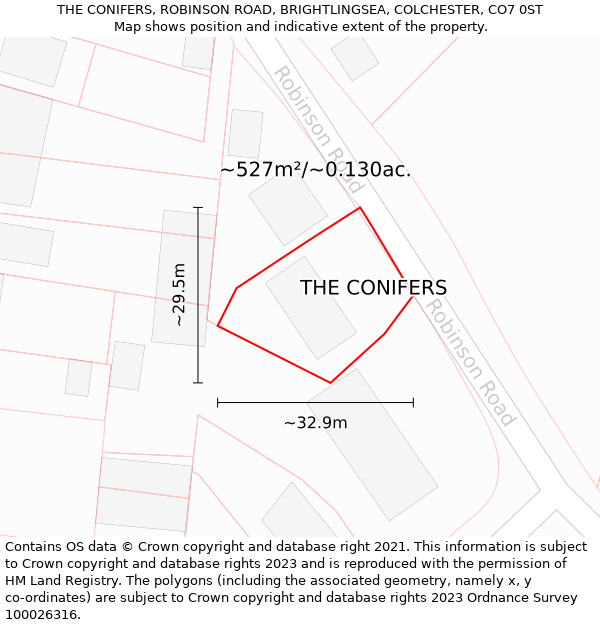 THE CONIFERS, ROBINSON ROAD, BRIGHTLINGSEA, COLCHESTER, CO7 0ST: Plot and title map