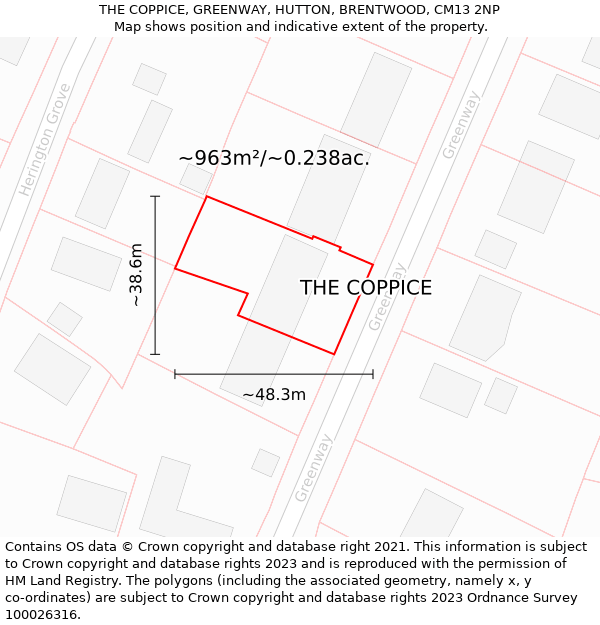 THE COPPICE, GREENWAY, HUTTON, BRENTWOOD, CM13 2NP: Plot and title map