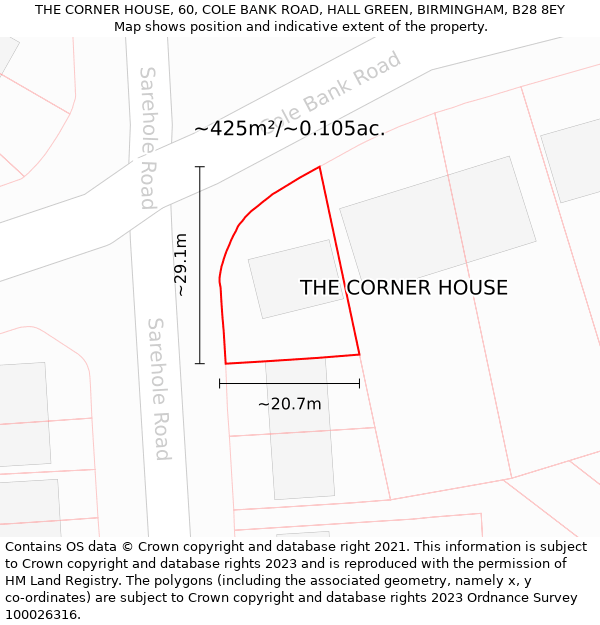 THE CORNER HOUSE, 60, COLE BANK ROAD, HALL GREEN, BIRMINGHAM, B28 8EY: Plot and title map