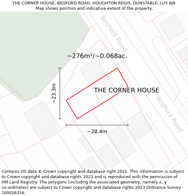THE CORNER HOUSE, BEDFORD ROAD, HOUGHTON REGIS, DUNSTABLE, LU5 6JR: Plot and title map