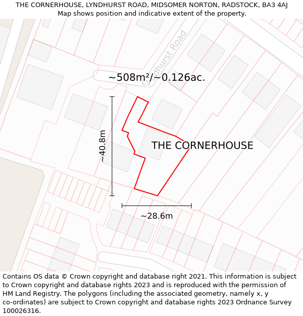 THE CORNERHOUSE, LYNDHURST ROAD, MIDSOMER NORTON, RADSTOCK, BA3 4AJ: Plot and title map