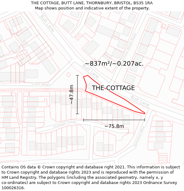THE COTTAGE, BUTT LANE, THORNBURY, BRISTOL, BS35 1RA: Plot and title map