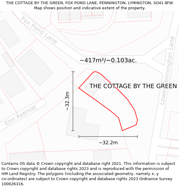 THE COTTAGE BY THE GREEN, FOX POND LANE, PENNINGTON, LYMINGTON, SO41 8FW: Plot and title map