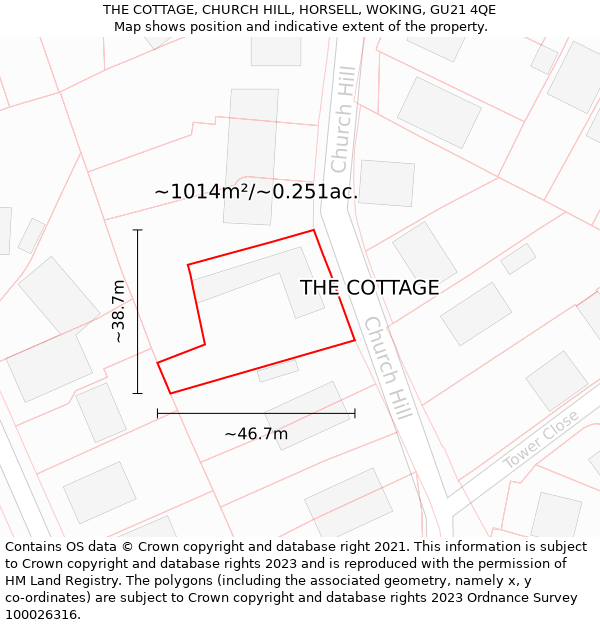 THE COTTAGE, CHURCH HILL, HORSELL, WOKING, GU21 4QE: Plot and title map