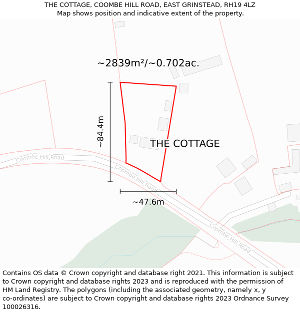 THE COTTAGE, COOMBE HILL ROAD, EAST GRINSTEAD, RH19 4LZ: Plot and title map