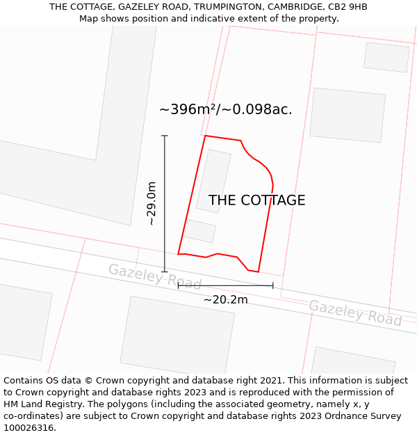 THE COTTAGE, GAZELEY ROAD, TRUMPINGTON, CAMBRIDGE, CB2 9HB: Plot and title map