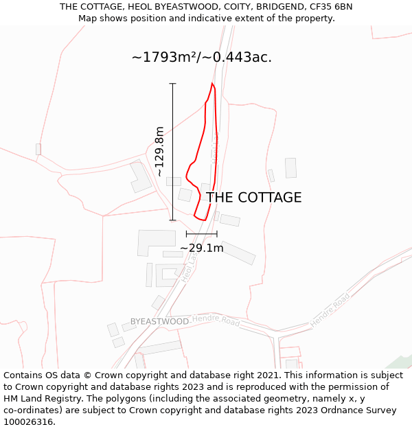 THE COTTAGE, HEOL BYEASTWOOD, COITY, BRIDGEND, CF35 6BN: Plot and title map