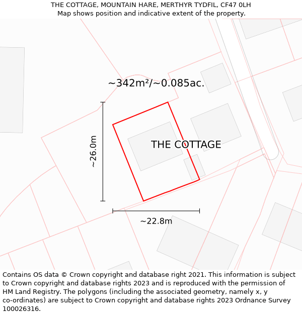 THE COTTAGE, MOUNTAIN HARE, MERTHYR TYDFIL, CF47 0LH: Plot and title map