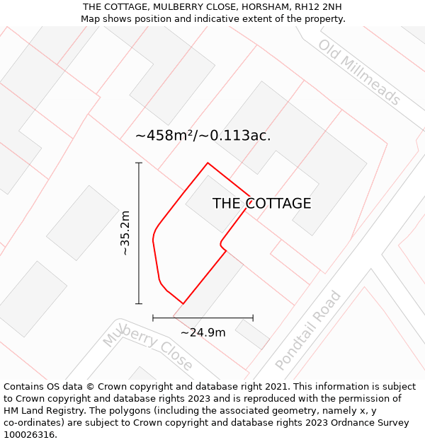 THE COTTAGE, MULBERRY CLOSE, HORSHAM, RH12 2NH: Plot and title map