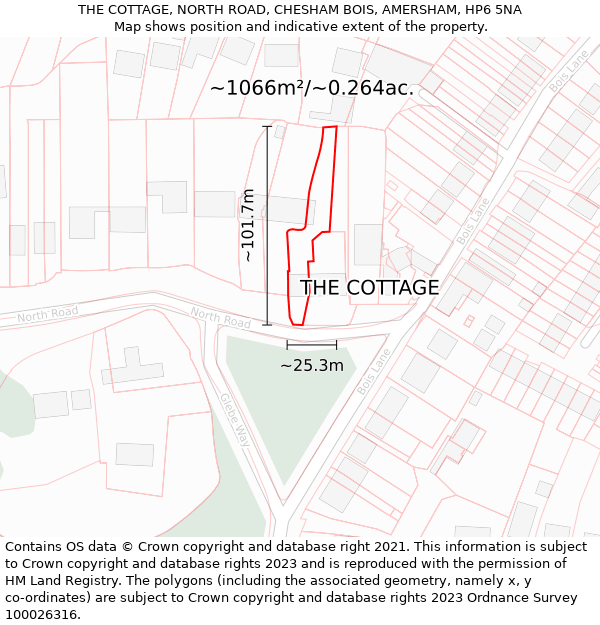 THE COTTAGE, NORTH ROAD, CHESHAM BOIS, AMERSHAM, HP6 5NA: Plot and title map