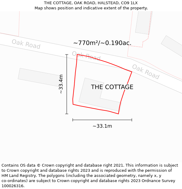 THE COTTAGE, OAK ROAD, HALSTEAD, CO9 1LX: Plot and title map
