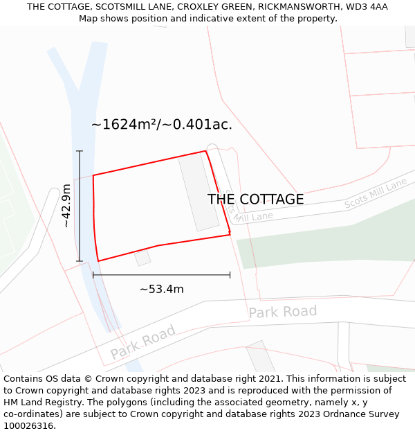 THE COTTAGE, SCOTSMILL LANE, CROXLEY GREEN, RICKMANSWORTH, WD3 4AA: Plot and title map