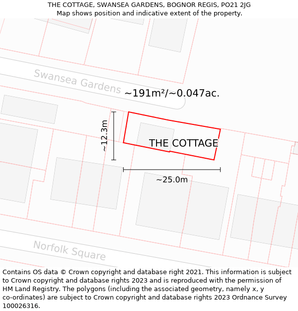 THE COTTAGE, SWANSEA GARDENS, BOGNOR REGIS, PO21 2JG: Plot and title map