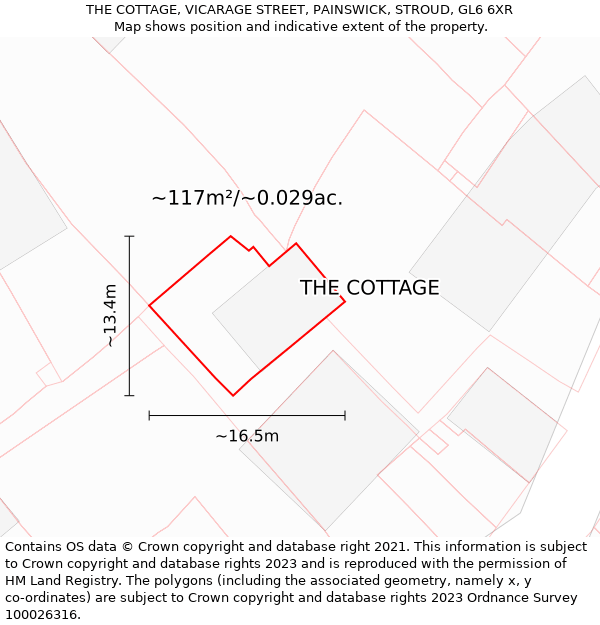 THE COTTAGE, VICARAGE STREET, PAINSWICK, STROUD, GL6 6XR: Plot and title map