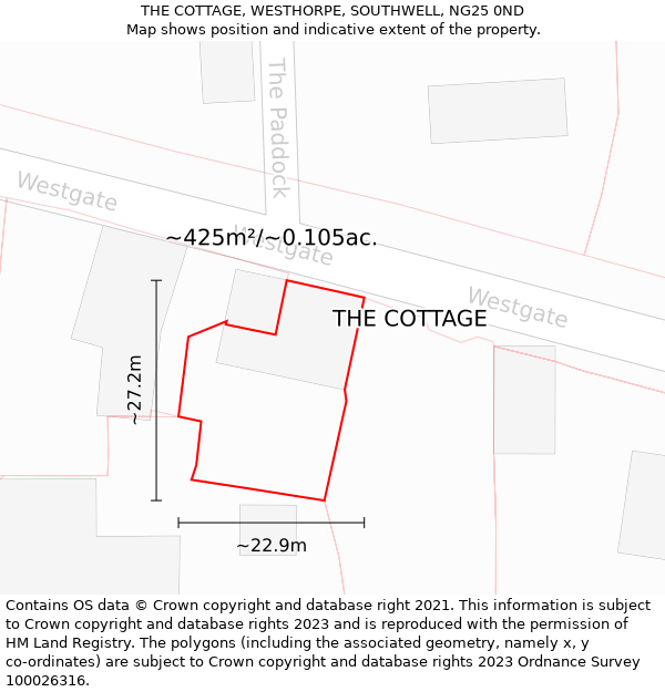 THE COTTAGE, WESTHORPE, SOUTHWELL, NG25 0ND: Plot and title map