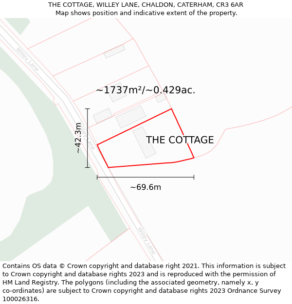 THE COTTAGE, WILLEY LANE, CHALDON, CATERHAM, CR3 6AR: Plot and title map