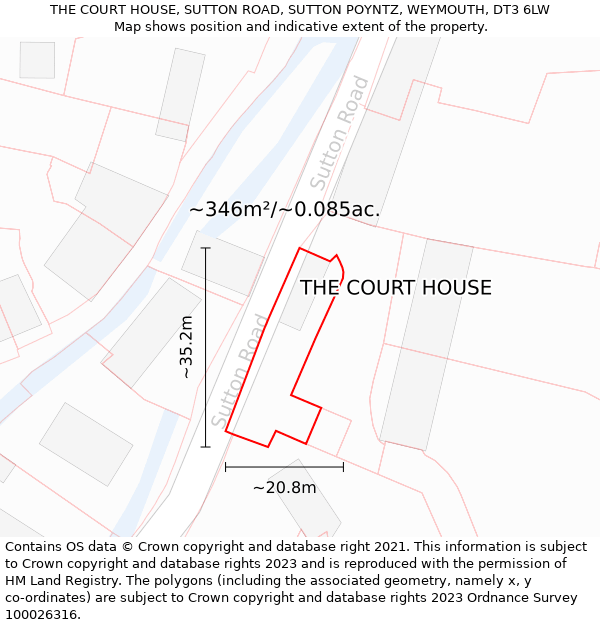 THE COURT HOUSE, SUTTON ROAD, SUTTON POYNTZ, WEYMOUTH, DT3 6LW: Plot and title map