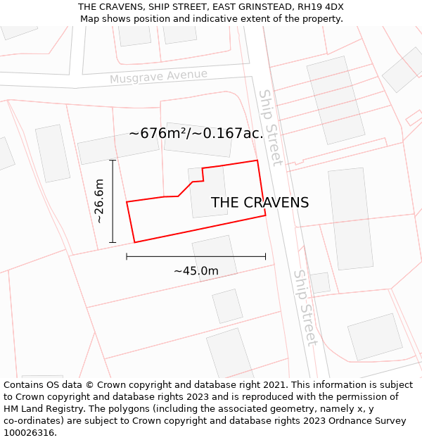 THE CRAVENS, SHIP STREET, EAST GRINSTEAD, RH19 4DX: Plot and title map