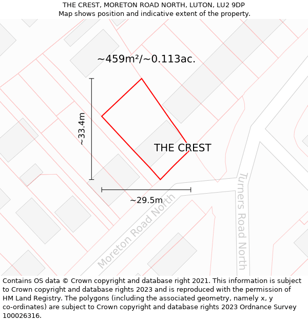 THE CREST, MORETON ROAD NORTH, LUTON, LU2 9DP: Plot and title map